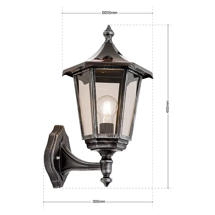 Orion Leuchten Außenwandleuchte Hermine - 60 W, Schwarz, Klar, IP43 - Antike silberne Außenwandleuchte mit schwarzen Akzenten und klaren Glasscheiben, mit Vintage-Glühbirne.