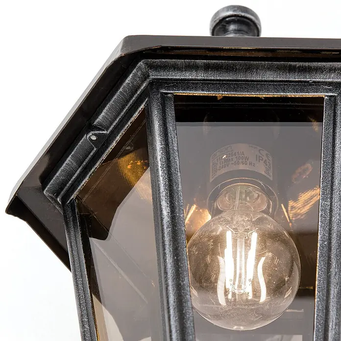 Orion Leuchten Außenwandleuchte Hermine - 60 W, Schwarz, Klar, IP43 - Dunkle Außenlaterne im Antik-Stil mit Glasfeldern und einer E27 Glühbirne.