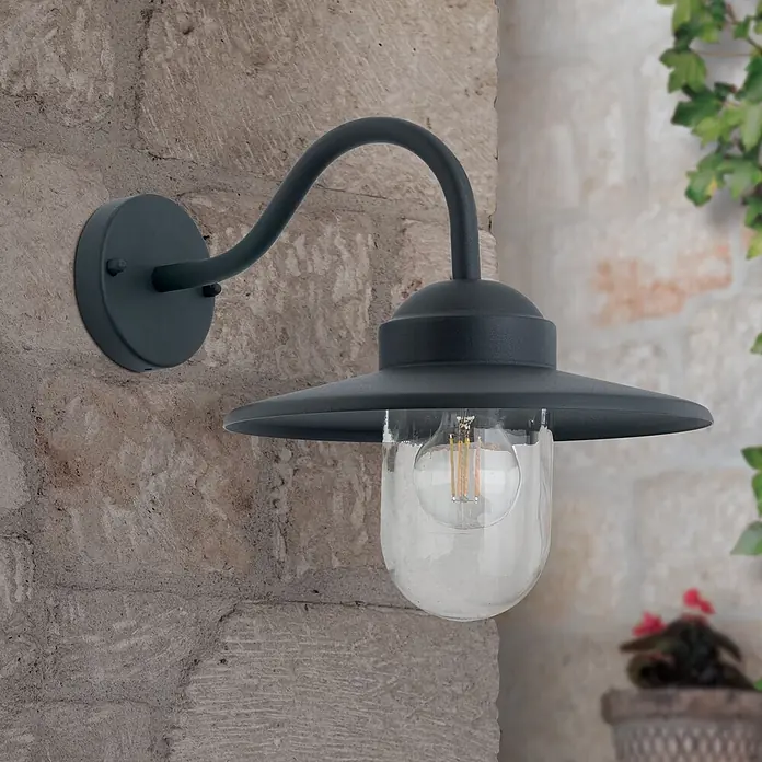 Orion Leuchten Außenwandleuchte Edward - 60 W, Schwarz, Klar, IP44 - Dunkelgraue Außenwandleuchte im Schwanenhals-Stil mit klarem Glasschirm und Filamentlampe an rustikaler Steinwand.