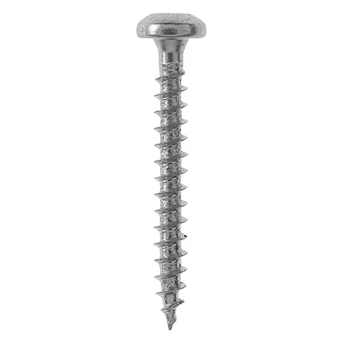 Profi Depot Spanplattenschraube VZ - 4,5 x 25 mm, 200 Stk., Verzinkt, TX für TORX-Antriebe - Nahaufnahme einer einzelnen silbernen Holzschraube mit Flachkopf und Gewinde, freigestellt vor einem weißen Hintergrund.