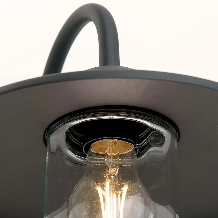 Orion Leuchten Außenwandleuchte Edward - 60 W, Schwarz, Klar, IP44 - Nahaufnahme einer dunklen Metall-Außenwandleuchte mit klarem Glasschirm und leuchtender Glühfadenlampe.