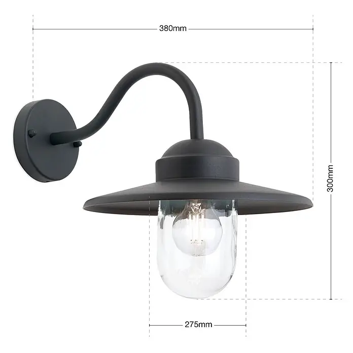 Orion Leuchten Außenwandleuchte Edward - 60 W, Schwarz, Klar, IP44 - Schwarze Wandaußenleuchte aus Metall mit gebogenem Arm und klarem Glasschirm, inklusive sichtbarer Glühbirne.