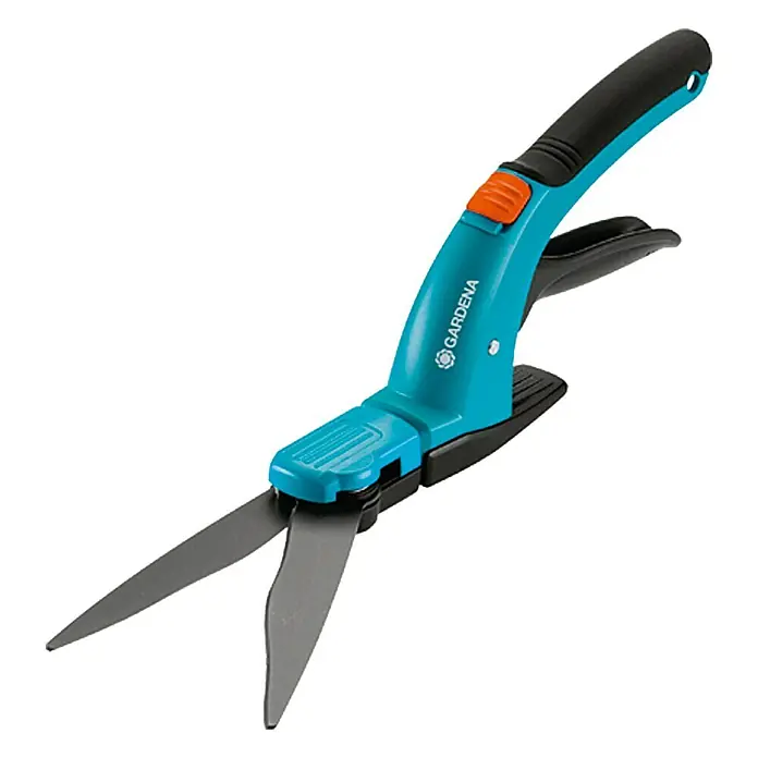 Gardena Comfort Grasschere - Material Klinge: Geschliffene Schneide, Antihaftbeschichtet - Eine blaue GARDENA Grasschere mit schwarzen Griffen und grauen Klingen, die für präzise Rasenkantenschnitte konzipiert ist.