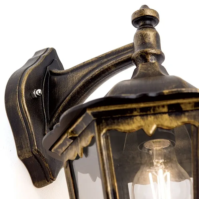 Orion Leuchten Außenwandleuchte Puchberg - 60 W, Schwarz, Klar, IP43 - Klassische Wandlaterne aus Antikmessing mit E27-Glühbirne, zur Wandmontage bereit.