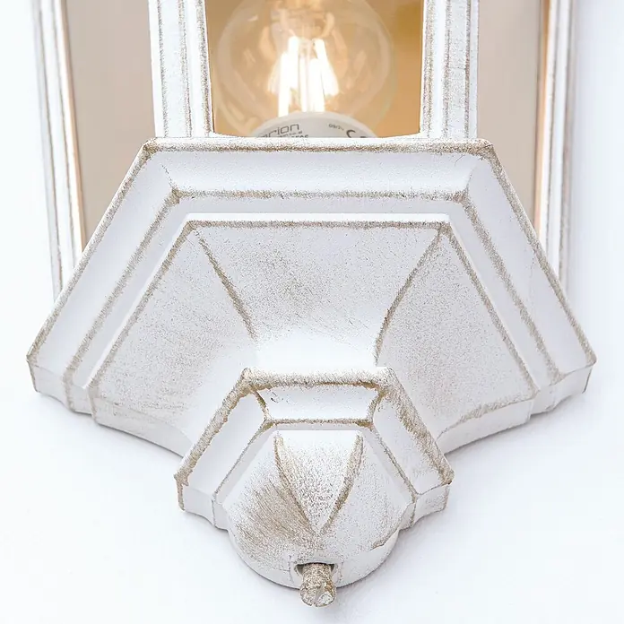 Orion Leuchten Außenwandleuchte Puchberg - 60 W, Weiß, Klar, IP44 - Weiße, patinierte Wandleuchte mit sichtbarer Vintage-Glühbirne und dekorativem Facettensockel.