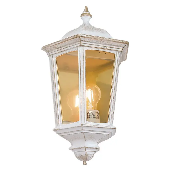Orion Leuchten Außenwandleuchte Puchberg - 60 W, Weiß, Klar, IP44 - Antike weiß-goldene klassische Außenwandleuchte mit sichtbarer Glühbirne.