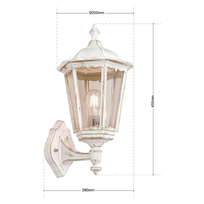 Orion Leuchten Außenwandleuchte Puchberg - 60 W, Weiß, Klar, IP43 - Verwitterte weiße Vintage-Außenwandlaterne mit Klarglas und freiliegender Glühbirne.
