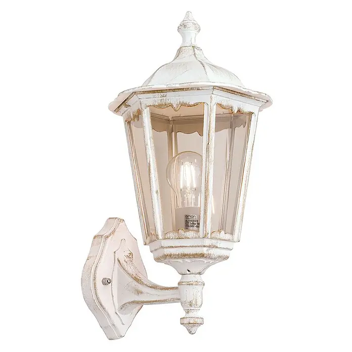 Orion Leuchten Außenwandleuchte Puchberg - 60 W, Weiß, Klar, IP43 - Shabby-Chic-Wandlaterne in Weiß mit antikem Finish und klarer Glühbirne.