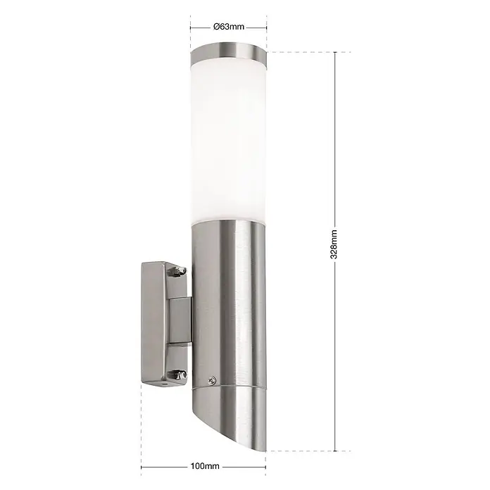 Orion Leuchten Außenwandleuchte Pleno - 13 W, Silber, Opal, IP44 - Zylindrische Wandleuchte aus gebürstetem Edelstahl mit mattweißer Abdeckung. Maße: Ø63mm, 328mm Höhe, 100mm Tiefe.