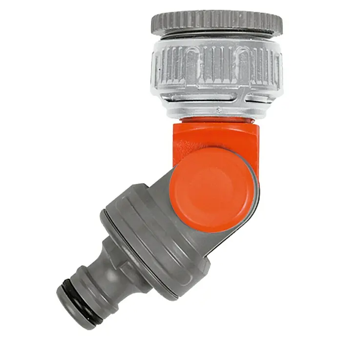 Gardena Winkelhahnstück - Dreh- und Schwenkbar, Passend für: Wasserhähne Ø 21 und 26,5 mm - Das Bild zeigt einen drehbaren Wasserhahnanschluss mit orangefarbenem Drehgelenk und grauem Anschlussstück für Gartenschläuche.