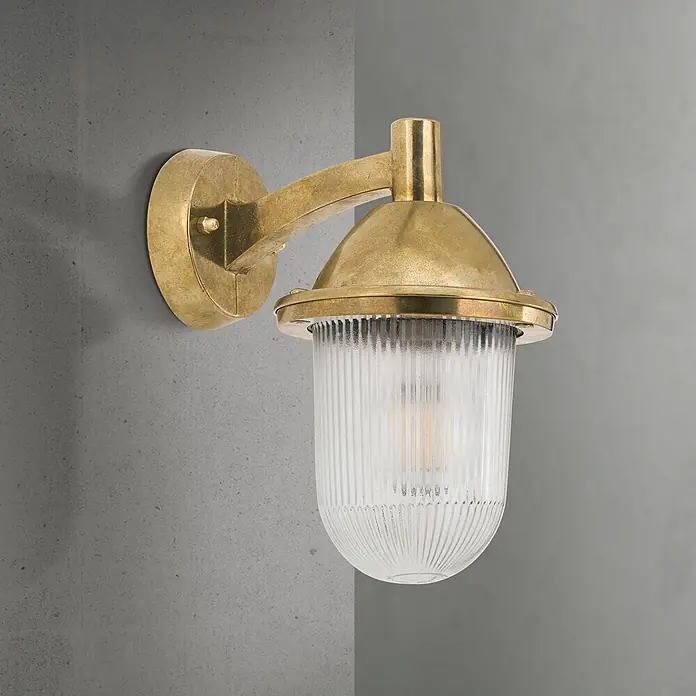 Orion Leuchten Außenwandleuchte York - 60 W, Gold, Klar, IP54 - Eine Wandleuchte aus Messing mit geripptem Klarglasschirm.