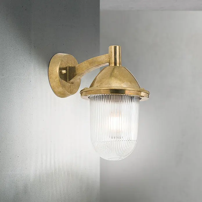 Orion Leuchten Außenwandleuchte York - 60 W, Gold, Klar, IP54 - Klassische Wandleuchte aus gealtertem Messing mit geripptem Glasschirm, hell leuchtend.