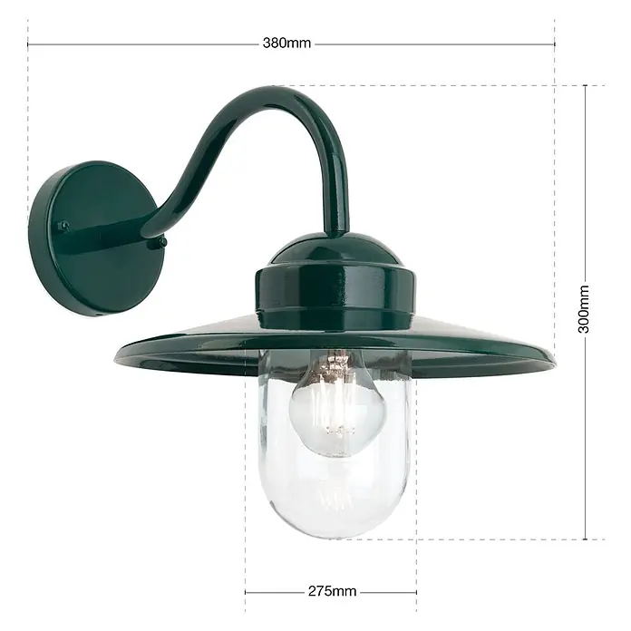 Orion Leuchten Außenwandleuchte Edward - 60 W, Grün, Klar, IP44 - Dunkelgrüne Außenwandleuchte mit Schwanenhalsarm und klarem Glasschirm, der eine Glühfadenlampe zeigt.