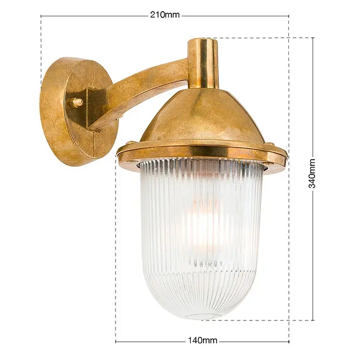 Orion Leuchten Außenwandleuchte York - 60 W, Gold, Klar, IP54 - Wandleuchte aus gealtertem Messing für den Außenbereich mit geripptem Klarglasschirm.