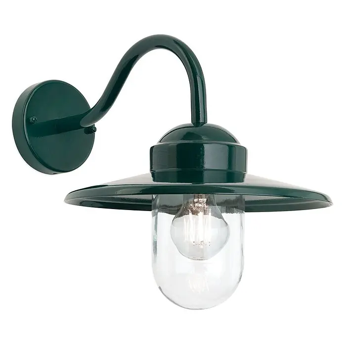 Orion Leuchten Außenwandleuchte Edward - 60 W, Grün, Klar, IP44 - Dunkelgrüne Schwanenhals-Außenwandleuchte mit breitem Schirm und Glaskolbengehäuse.