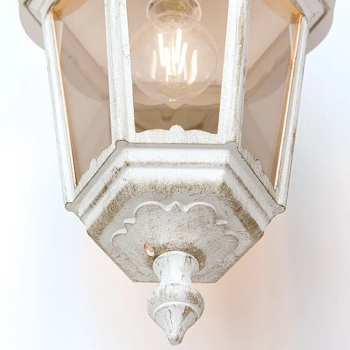 Orion Leuchten Außenwandleuchte Puchberg - 60 W, Weiß, Klar, IP43 - Weiße Deckenlaterne aus Metall im Used-Look mit klaren Glasscheiben und glühender LED-Filamentlampe.