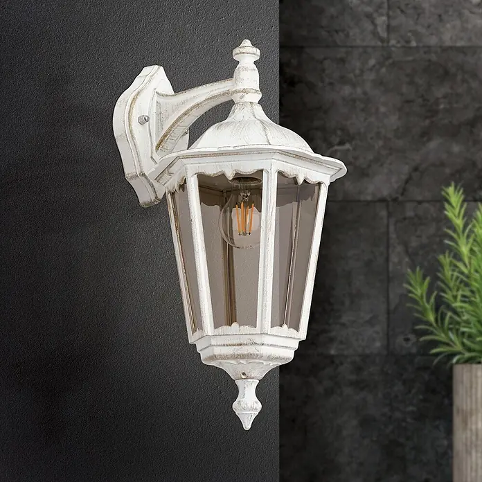 Orion Leuchten Außenwandleuchte Puchberg - 60 W, Weiß, Klar, IP43 - Weiße, patinierte Außenwandlaterne mit sichtbarer LED-Glühfadenlampe.