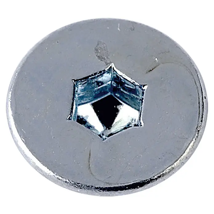 Profi Depot Tornillo de cabeza hueca hexagonal - M 5, Largo: 10 mm, 100 ud., Zincado - Primer plano de un tornillo avellanado brillante con accionamiento cuadrado, ideal para acabados enrasados precisos y limpios en varios materiales.