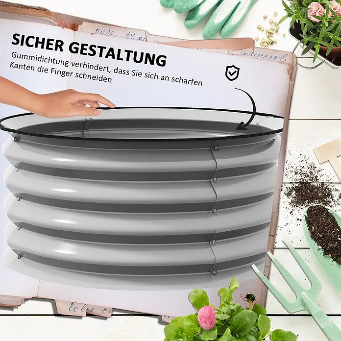 SONNENH Hochbeet modulares 2er-Set, rund - Metall, silber - Galvanisiertes Hochbeet mit sicherem Gummi-Kantenschutz am oberen Rand.
