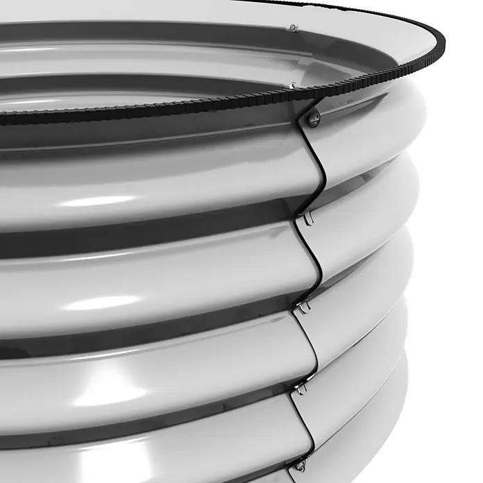 SONNENH Hochbeet modulares 2er-Set, rund - Metall, silber - Nahaufnahme eines silbernen Hochbeets aus Wellblech mit schwarzem Kantenschutz und vertikalen Verbindern.