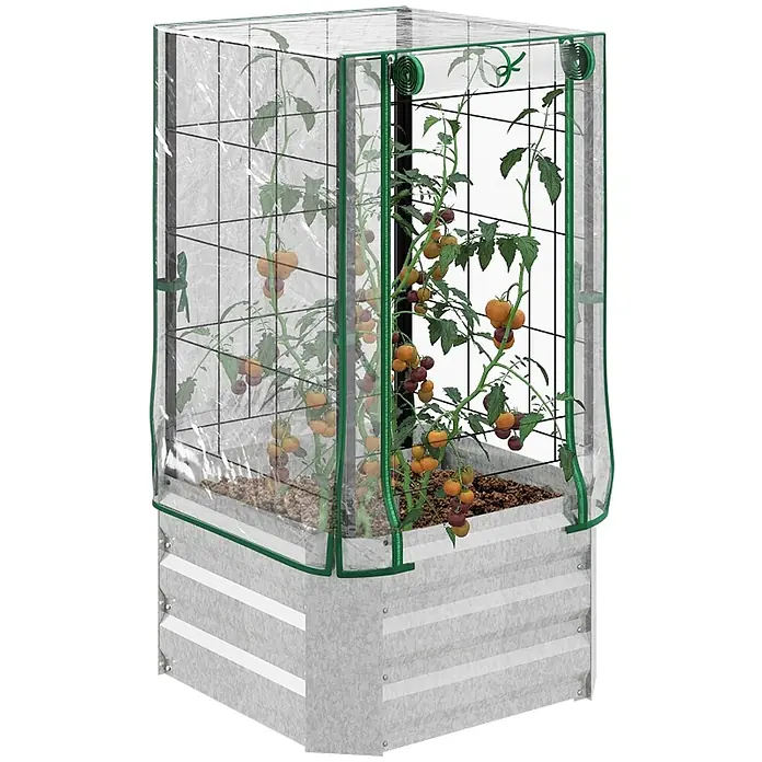 SONNENH Hochbeet mit Kunststoffhaube und Rankgitter - Kunststoff, silber - Verzinktes Hochbeet mit klarer PVC-Gewächshausabdeckung und grünem Rand, enthält Tomatenpflanzen mit schwarzem Spalier.