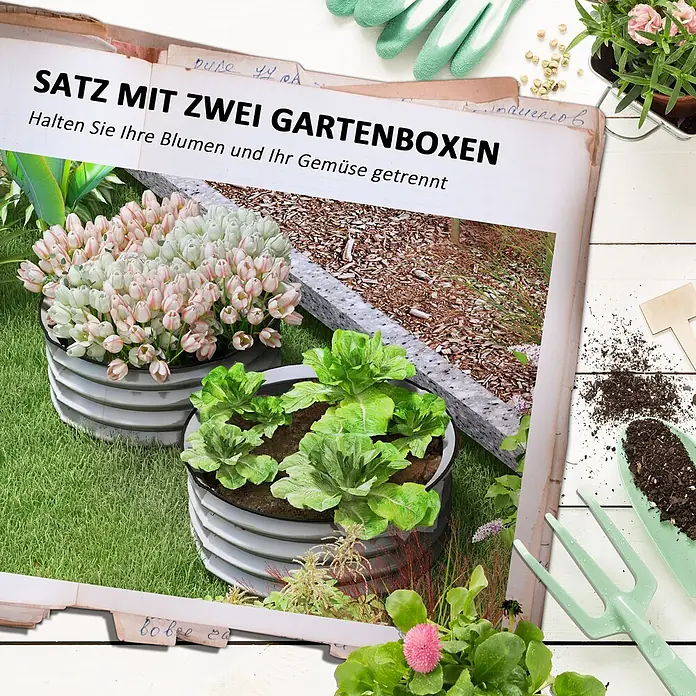 SONNENH Hochbeet modulares 2er-Set, rund - Metall, silber - Zwei graue Hochbeete aus Wellblech auf Rasen, eines mit Blumen, eines mit Gemüse.