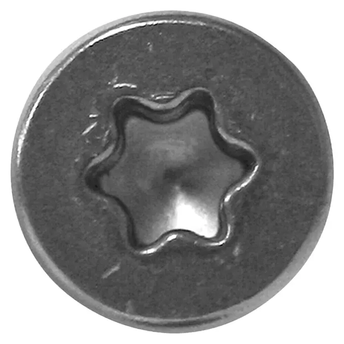 Profi Depot Balkonbrett-Bohrschraube A2 TX - Durchmesser: 4,8 mm, Länge: 38 mm, Gehärteter Edelstahl rostfrei - Nahaufnahme einer Torx-Schraube aus Metall. Detailaufnahme eines Befestigungselements mit sternförmigem Antriebsprofil.