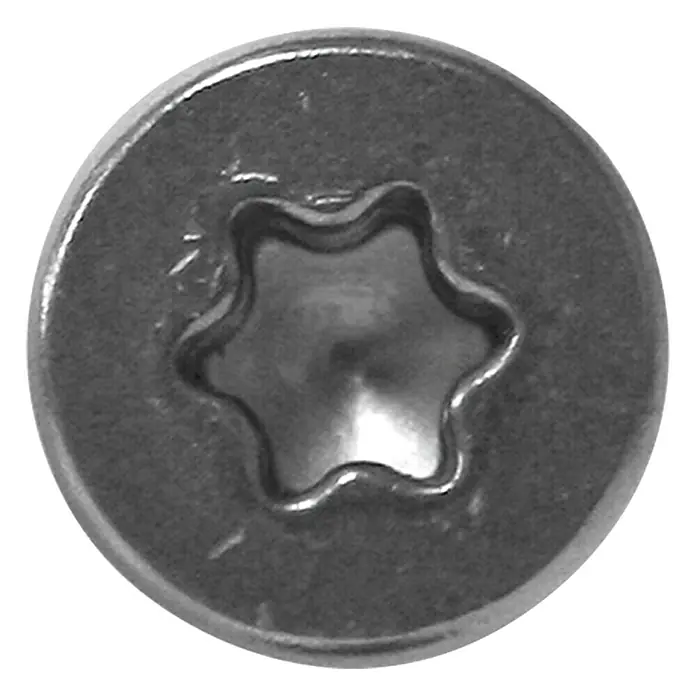 Profi Depot Balkonbrett-Bohrschraube A2 TX - Durchmesser: 6,3 mm, Länge: 60 mm, Gehärteter Edelstahl rostfrei - Nahaufnahme einer Torx-Schraube aus Metall. Detailaufnahme eines Befestigungselements mit sternförmigem Antriebsprofil.