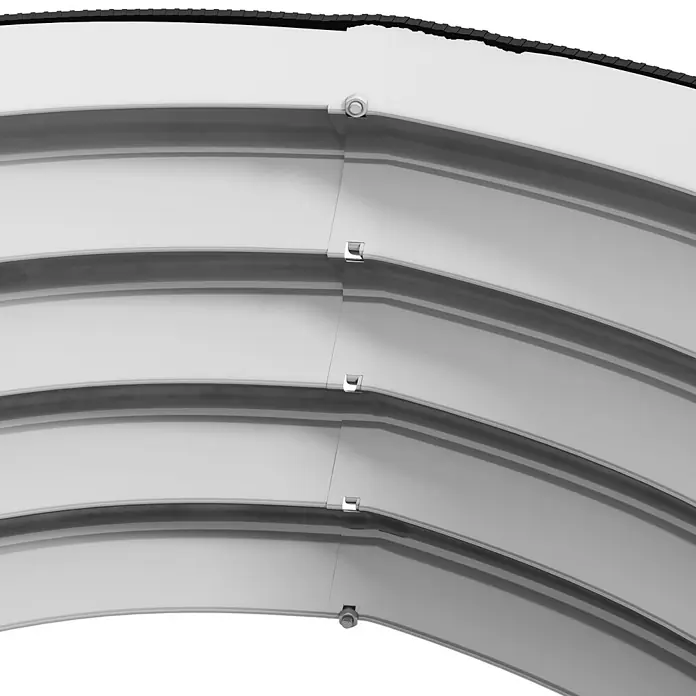 SONNENH Hochbeet modulares 2er-Set, rund - Metall, silber - Gekrümmte, hellmetallische Wellblechplatten, mit Schrauben und Klammern verbunden, mit schwarzem Strukturrand oben.