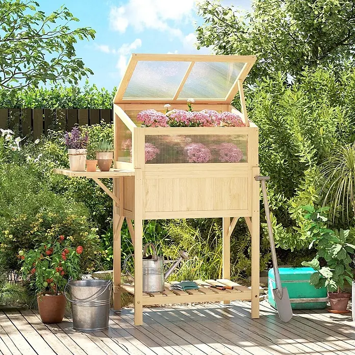 SONNENH Hochbeet mit klappbarem Frühbeetaufsatz und Seitentisch - Holz, natur - Helles Hochbeet/Gewächshaus aus Holz mit transparenten Paneelen und aufklappbarem Deckel, zum Pflanzen im Garten.