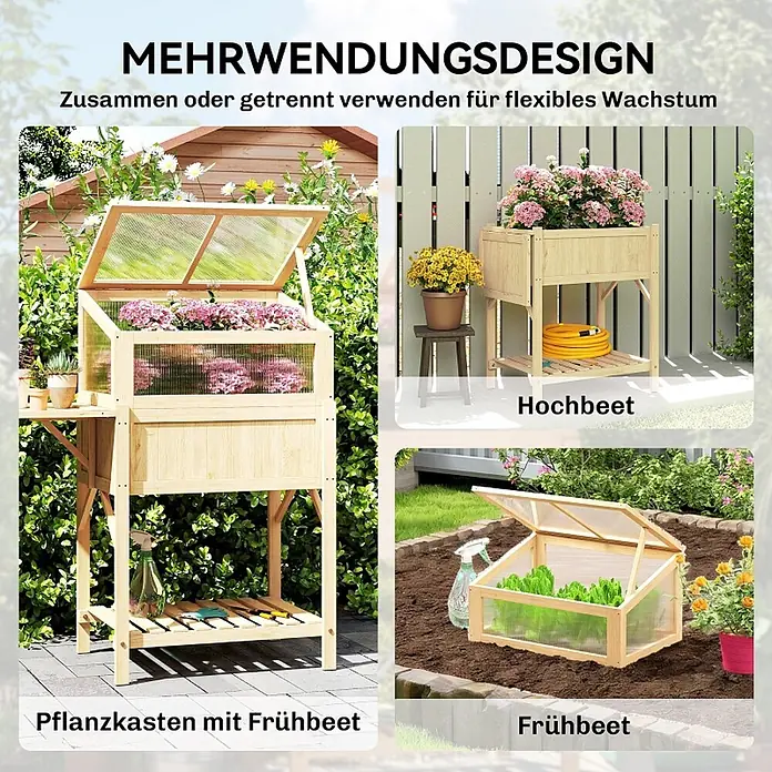 SONNENH Hochbeet mit klappbarem Frühbeetaufsatz und Seitentisch - Holz, natur - Mehrzweck-Gartenhochbeet aus hellem Holz, das als Hochbeet, Pflanzkasten mit Frühbeet oder separates Frühbeet genutzt werden kann.