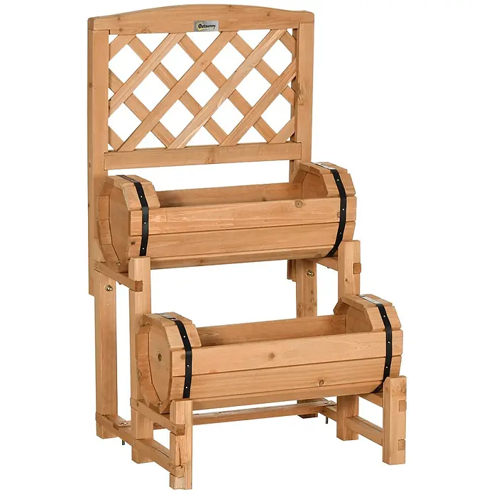 SONNENH Hochbeet mit Rankhilfe - Holz, gelb - Gestufter Blumenständer aus Naturholz mit zwei fassförmigen Pflanzkästen und Spaliergitter.