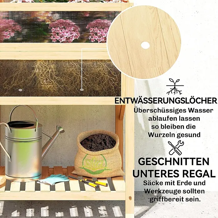 SONNENH Hochbeet mit klappbarem Frühbeetaufsatz und Seitentisch - Holz, natur - Hölzernes Hochbeet mit transparentem Wurzelblick, Drainagelöchern und einem Lattenrostboden für Gartenzubehör.