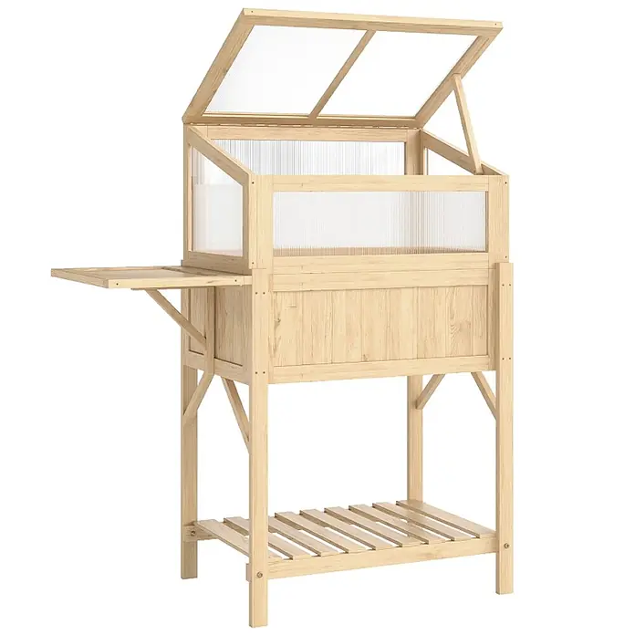 SONNENH Hochbeet mit klappbarem Frühbeetaufsatz und Seitentisch - Holz, natur - Hochbeet aus Naturholz mit klappbarem Gewächshausdach, Beistelltisch und Lattenrostablage.