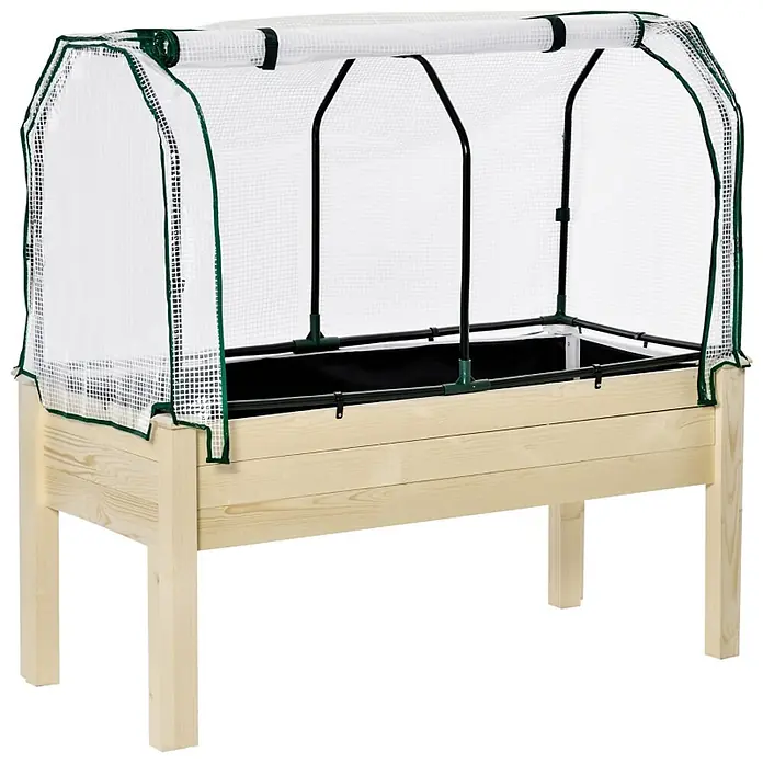 SONNENH Hochbeet mit aufrollbarer Folienabdeckung - 121 x 55 x 117 cm, Holz, natur - Hochbeet aus Holz mit transparenter Gewächshausabdeckung auf grünem Rahmen, ideal zum Schutz der Pflanzen.