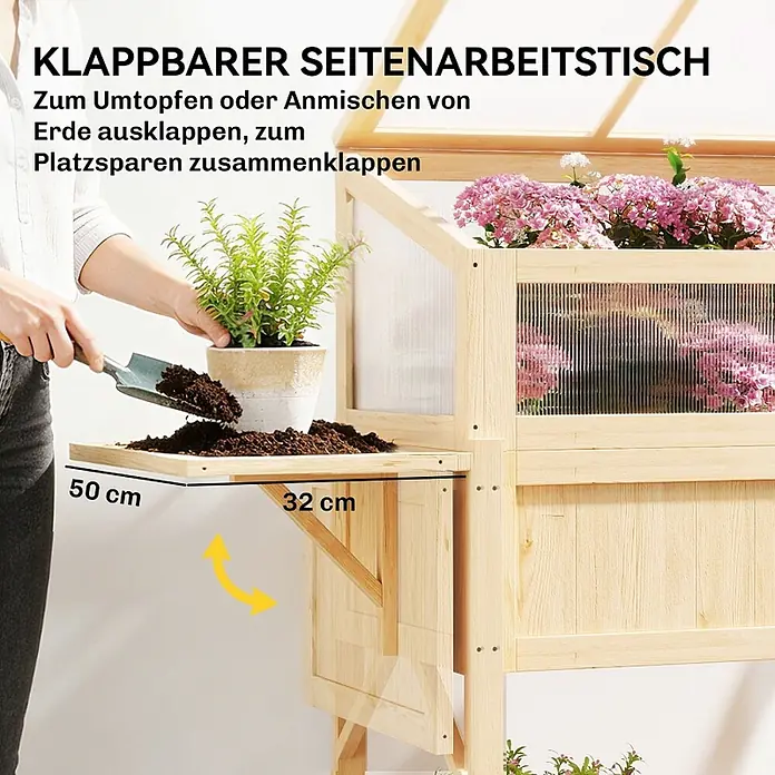 SONNENH Hochbeet mit klappbarem Frühbeetaufsatz und Seitentisch - Holz, natur - Holzklappbarer Beistelltisch (50x32cm) an einem Hochbeet, zum Umtopfen von Pflanzen. Platzsparend einklappbar.