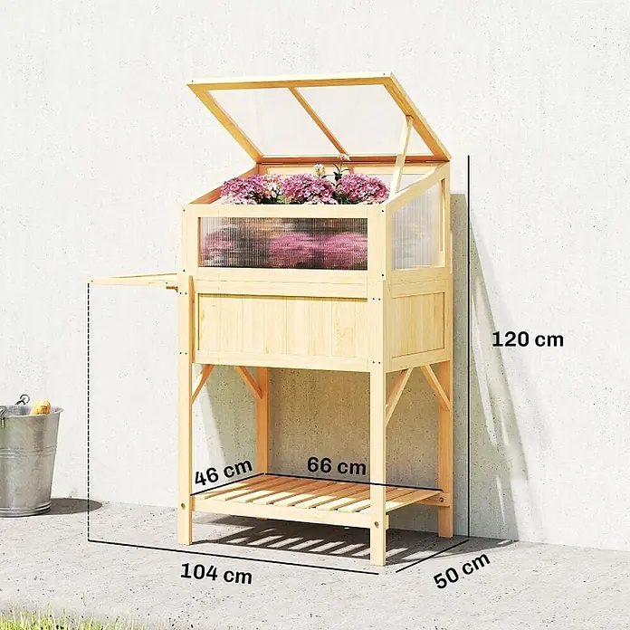 SONNENH Hochbeet mit klappbarem Frühbeetaufsatz und Seitentisch - Holz, natur - Naturfarbenes Hochbeet-Minigewächshaus aus Holz mit transparenten Paneelen, aufklappbarem Deckel, unterer Ablage und ausziehbarer Seitenablage.