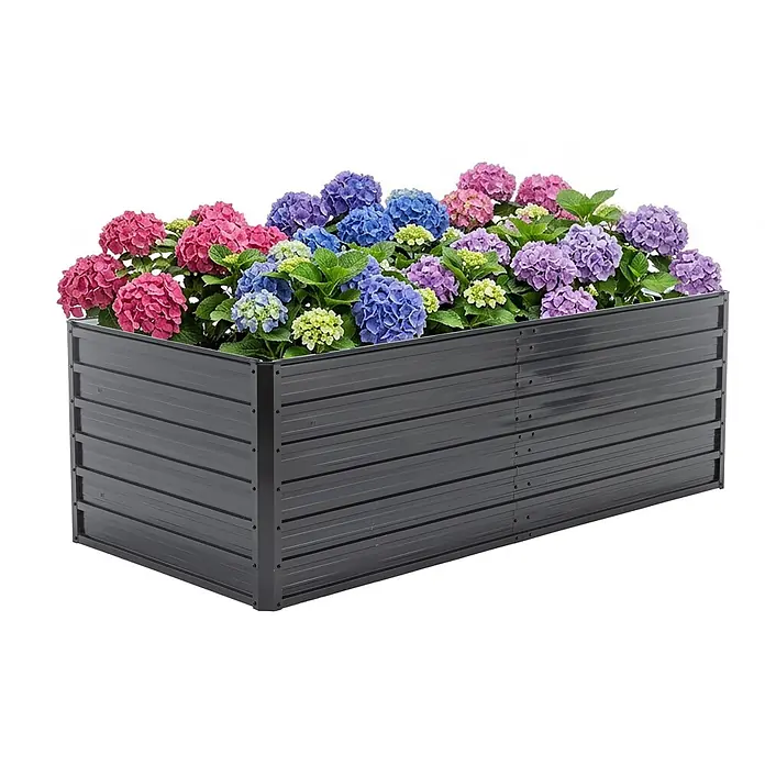 SONNENH Hochbeet bodenlos - 190 x 90 x 64 cm, Metall, schwarz - Dunkelgraues rechteckiges Hochbeet aus Metall mit bunten Hortensien.
