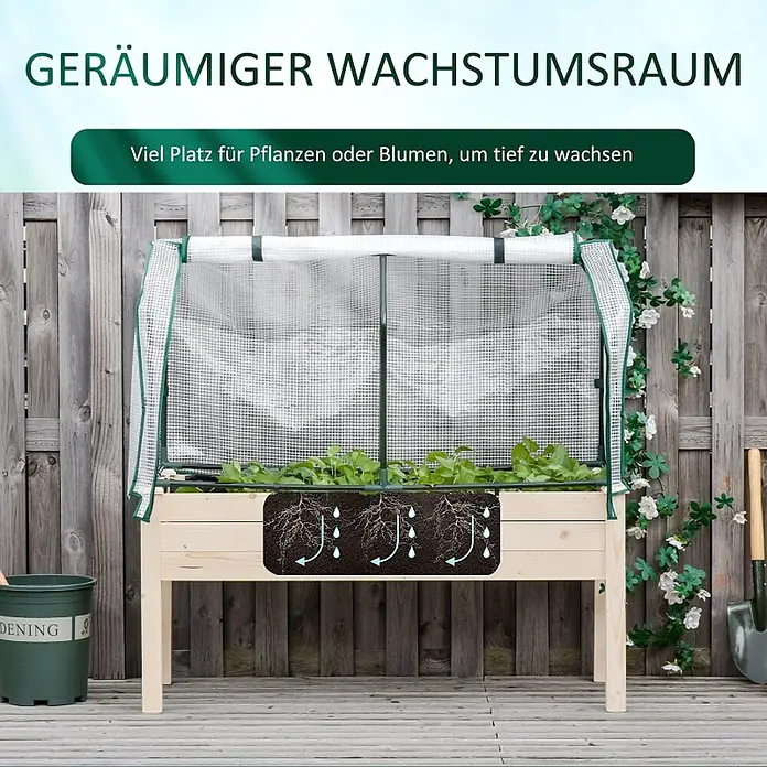 SONNENH Hochbeet mit aufrollbarer Folienabdeckung - 121 x 55 x 117 cm, Holz, natur - Holz-Hochbeet mit durchsichtiger Gewächshausabdeckung, bepflanzt. Eine Grafik zeigt Wurzeln und Wasserabfluss.