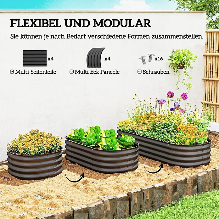 SONNENH Hochbeet Modulares - Stahl, dunkelgrau - Modulare Hochbeete aus dunklem Wellblech, in verschiedenen Formen montiert, mit abgebildeten Bauteilen.
