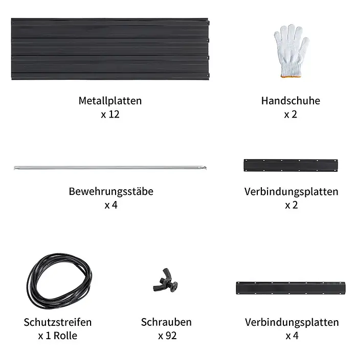 SONNENH Hochbeet bodenlos - 190 x 90 x 64 cm, Metall, schwarz - Bausatz mit schwarzen Metallplatten, Verbindungsplatten, Schrauben, Bewehrungsstäben, Schutzstreifen und weißen Handschuhen zur Montage.