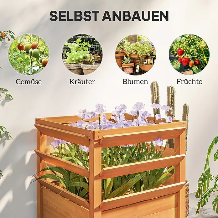 SONNENH Hochbeet mit dreistufigem Rankgitter - Holz, dunkelbraun - Hölzernes Hochbeet zum Anbau von Gemüse, Kräutern, Blumen und Früchten.