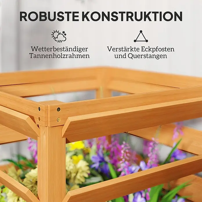 SONNENH Hochbeet mit dreistufigem Rankgitter - Holz, dunkelbraun - Robuster Pflanzenrahmen aus hellem Holz mit verstärkten Eckpfosten, mit bunten Pflanzen.