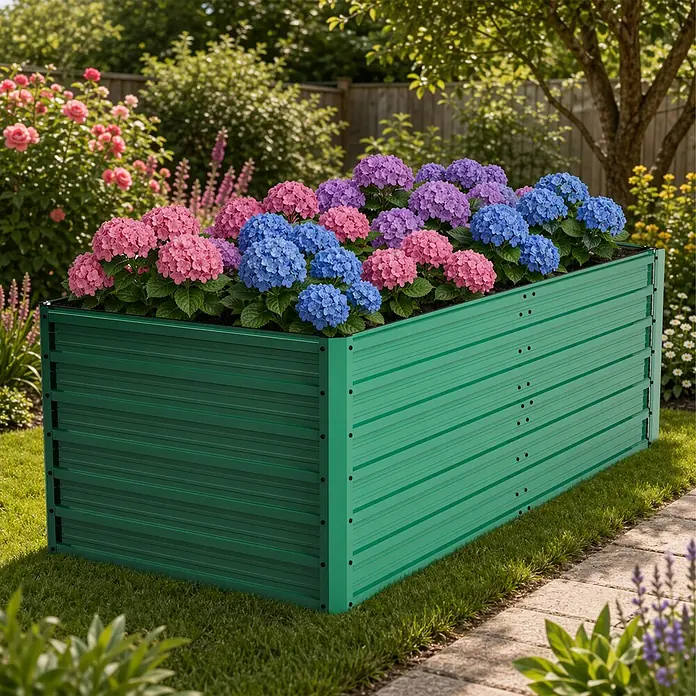 SONNENH Hochbeet bodenlos - 190 x 90 x 64 cm, Metall, grün - Grünes Hochbeet aus Metall mit bunten Hortensien in einem üppigen Garten.