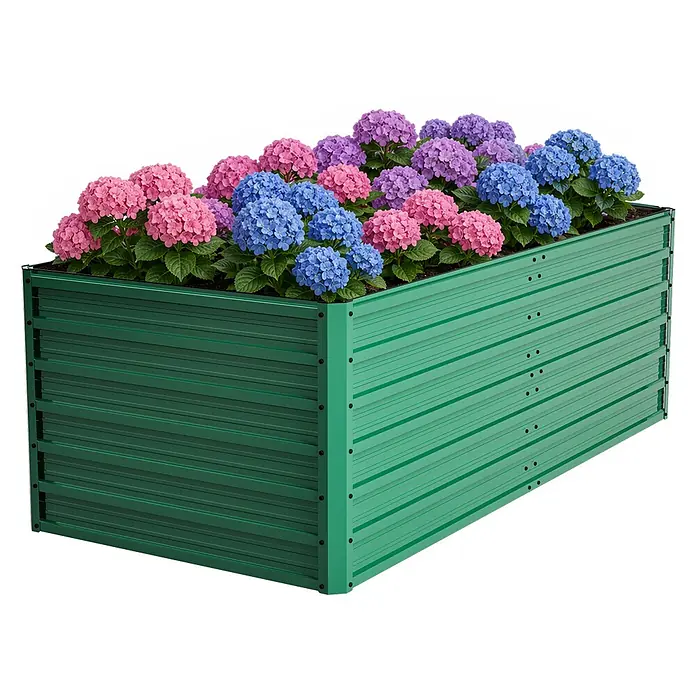 SONNENH Hochbeet bodenlos - 190 x 90 x 64 cm, Metall, grün - Grünes Hochbeet aus Metall mit Rippendesign, gefüllt mit leuchtenden rosa, blauen und violetten Hortensien.
