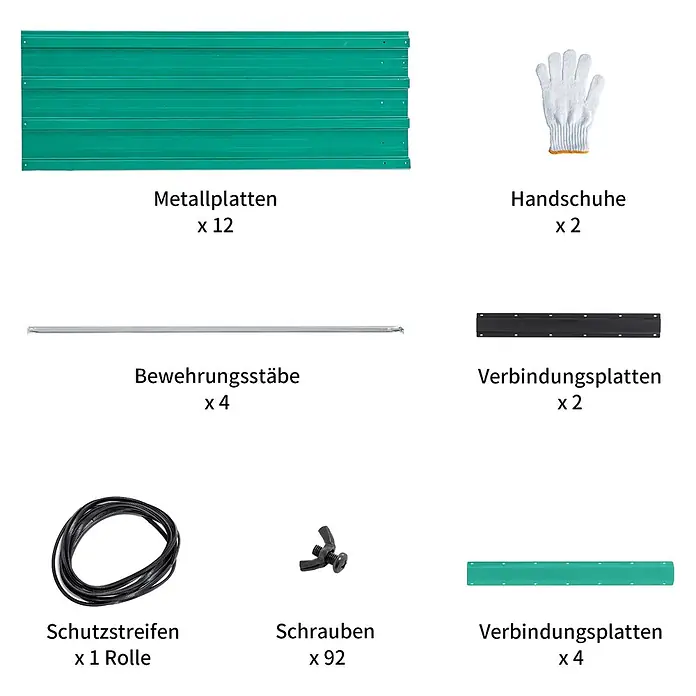 SONNENH Hochbeet bodenlos - 190 x 90 x 64 cm, Metall, grün - Montage-Set mit grünen Wellblechplatten, silbernen Bewehrungsstäben, Verbindungsplatten, schwarzen Schutzstreifen, Schrauben und weißen Handschuhen.