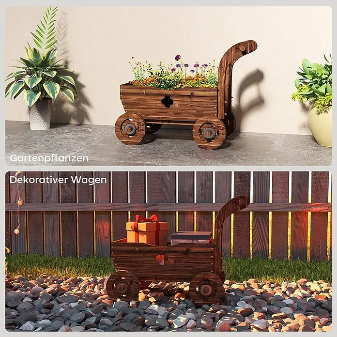 SONNENH Hochbeet mobil, in Wagenform - 68 x 38 x 52 cm, Holz, dunkelbraun - Dunkelbrauner Holzwagen als Pflanzgefäß mit bunten Blumen (oben) und als Dekowagen mit Geschenken im Garten (unten).