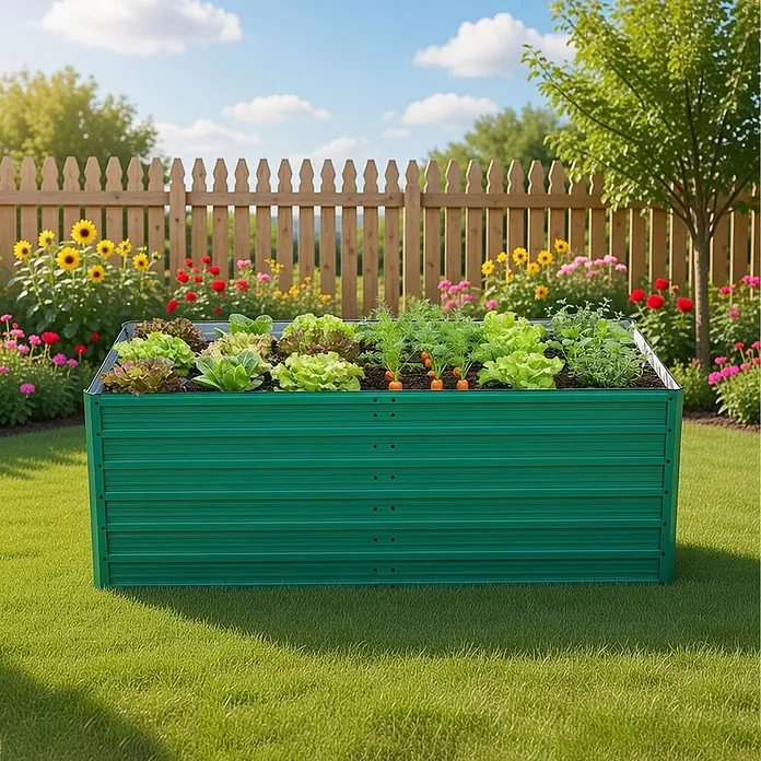SONNENH Hochbeet bodenlos - 190 x 90 x 64 cm, Metall, grün - Großes grünes Hochbeet aus Metall mit Salat und Karotten in einem sonnigen Garten.