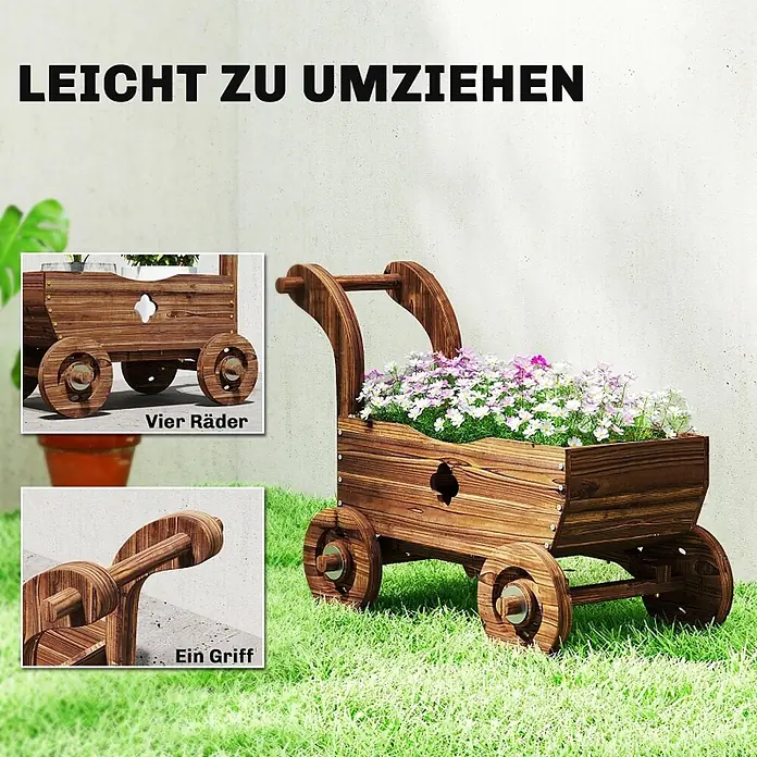 SONNENH Hochbeet mobil, in Wagenform - 68 x 38 x 52 cm, Holz, dunkelbraun - Brauner Blumenkasten auf Rädern mit Griff, gefüllt mit bunten Blumen, auf Rasen.