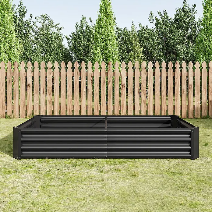 SONNENH Hochbeet bodenlos - Stahl, anthrazit - Rechteckiges schwarzes Hochbeet aus Wellblech, in einem Gartenambiente dargestellt.